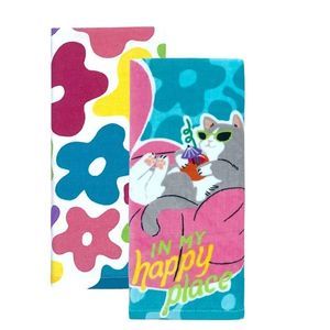 Celebrate Summer Together Happy Place Cat Kitchen Dish Towel Set 2Pk Brand New